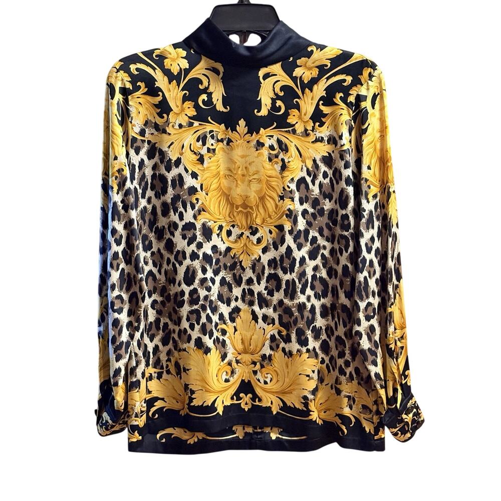 Escada by Margaretha Ley Blouse Silk Cheetah Print Size S/M Womens Lion Head